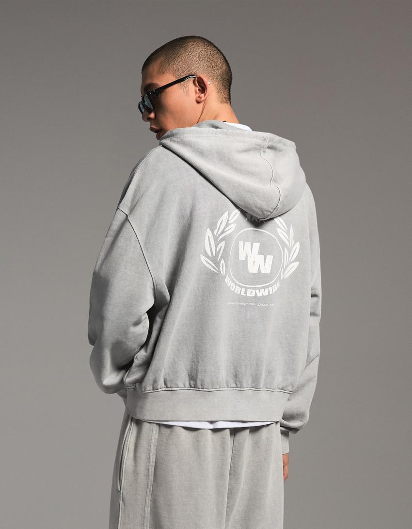 Boxy zip-up print sweatshirt-Stone