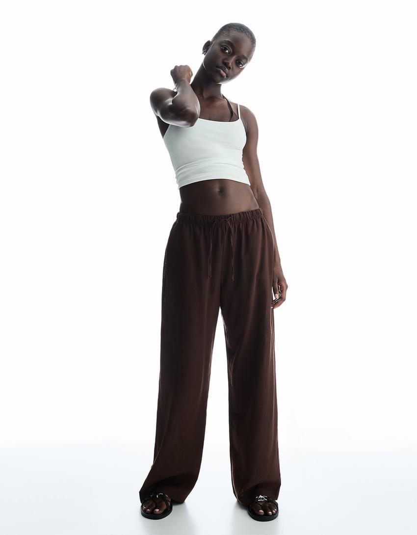 Linen blend trousers with an elasticated waistband-Brown