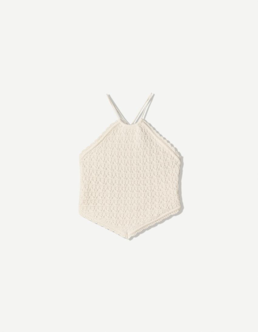 Wiązany top z dekoltem halter-Kremowy-4
