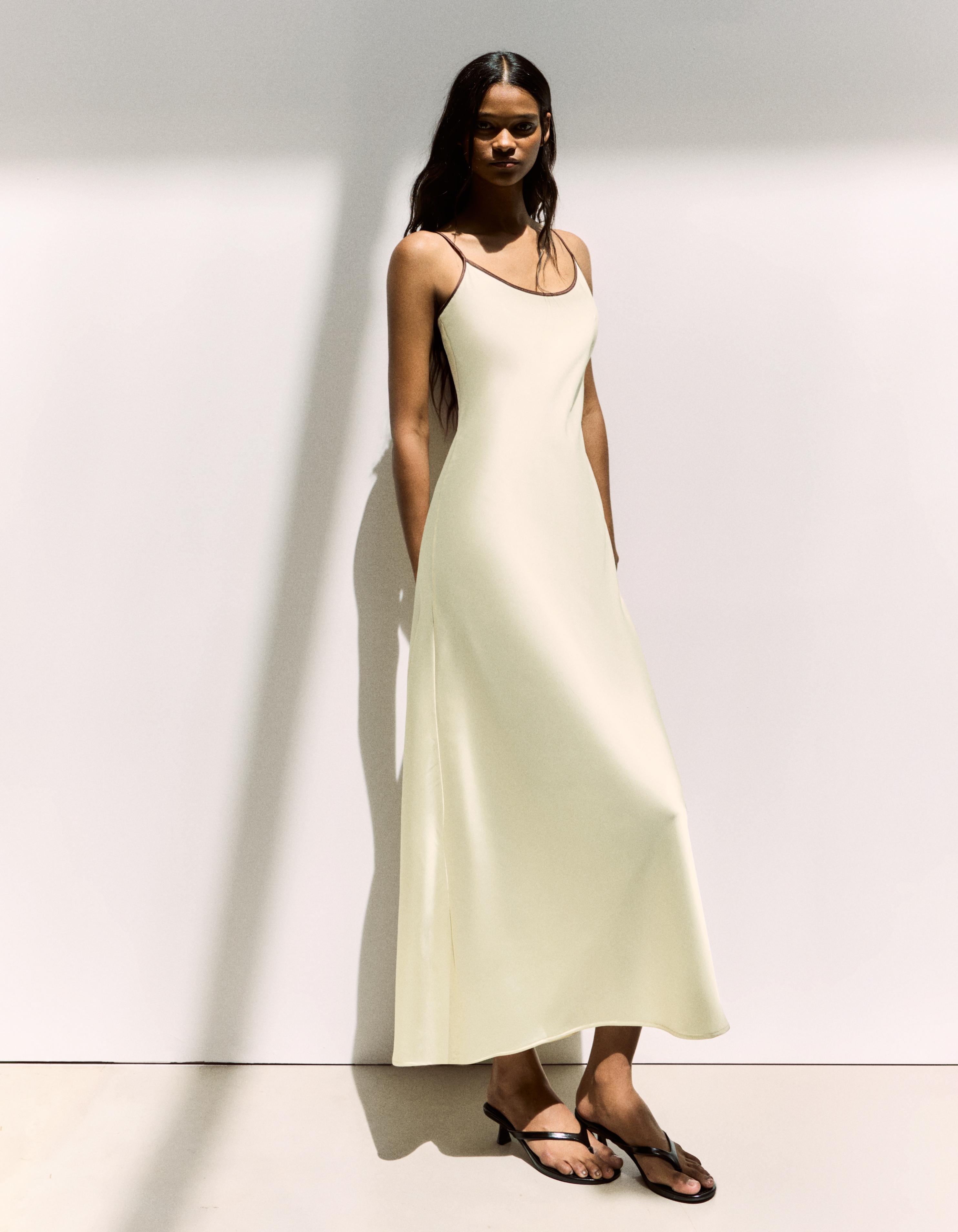 Bershka Vestido Midi Satén Tirantes Mujer Amarillo