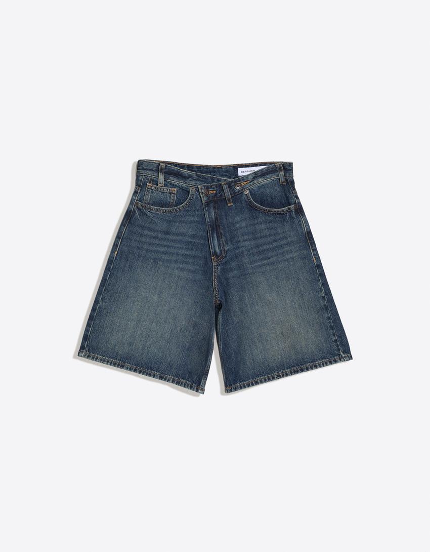 Denim Bermuda shorts with crossover waist-Blue