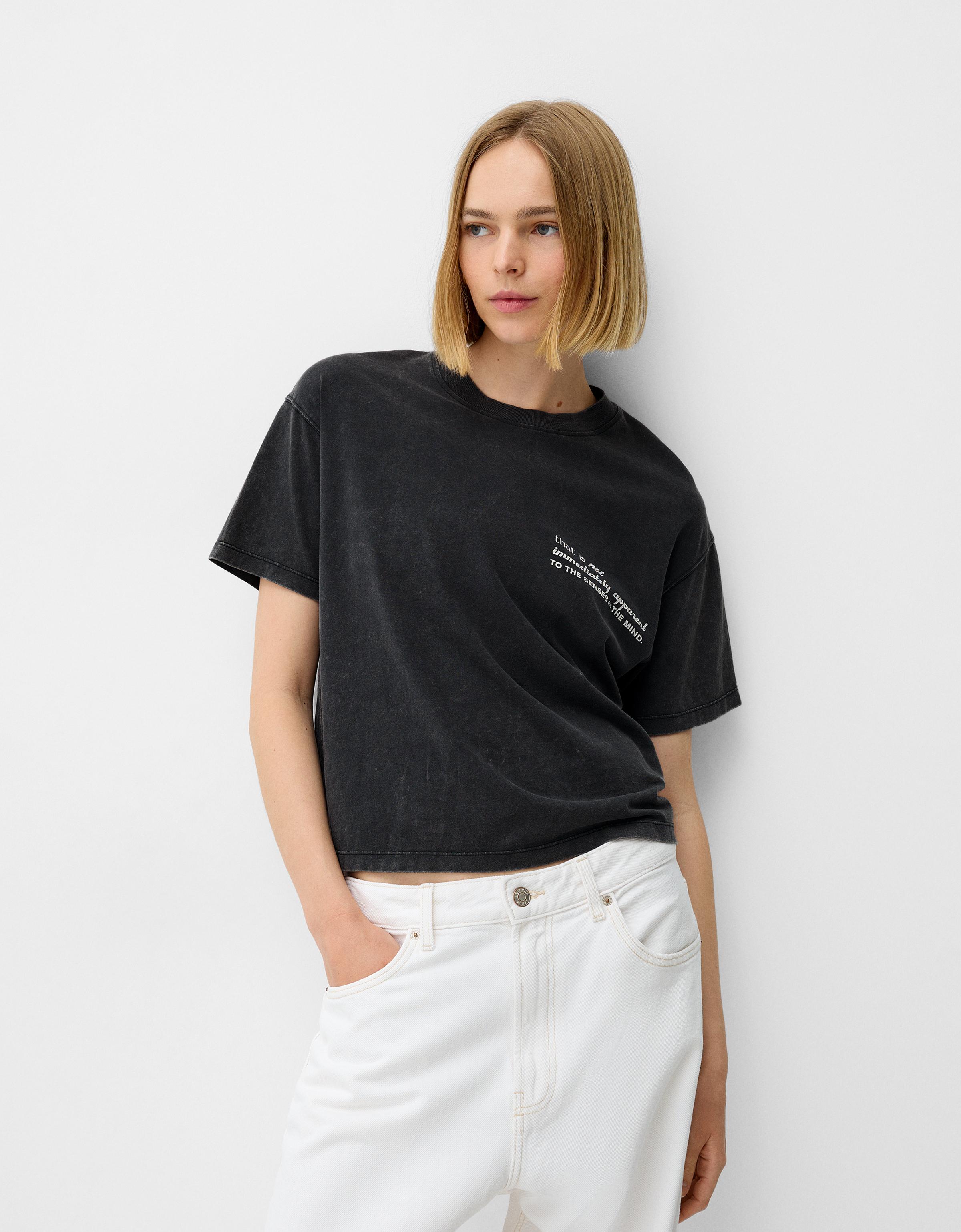 Bershka Shirt Im Washed-Look Mit Print Und Kurzen Ärmeln Damen S Dunkelgrau