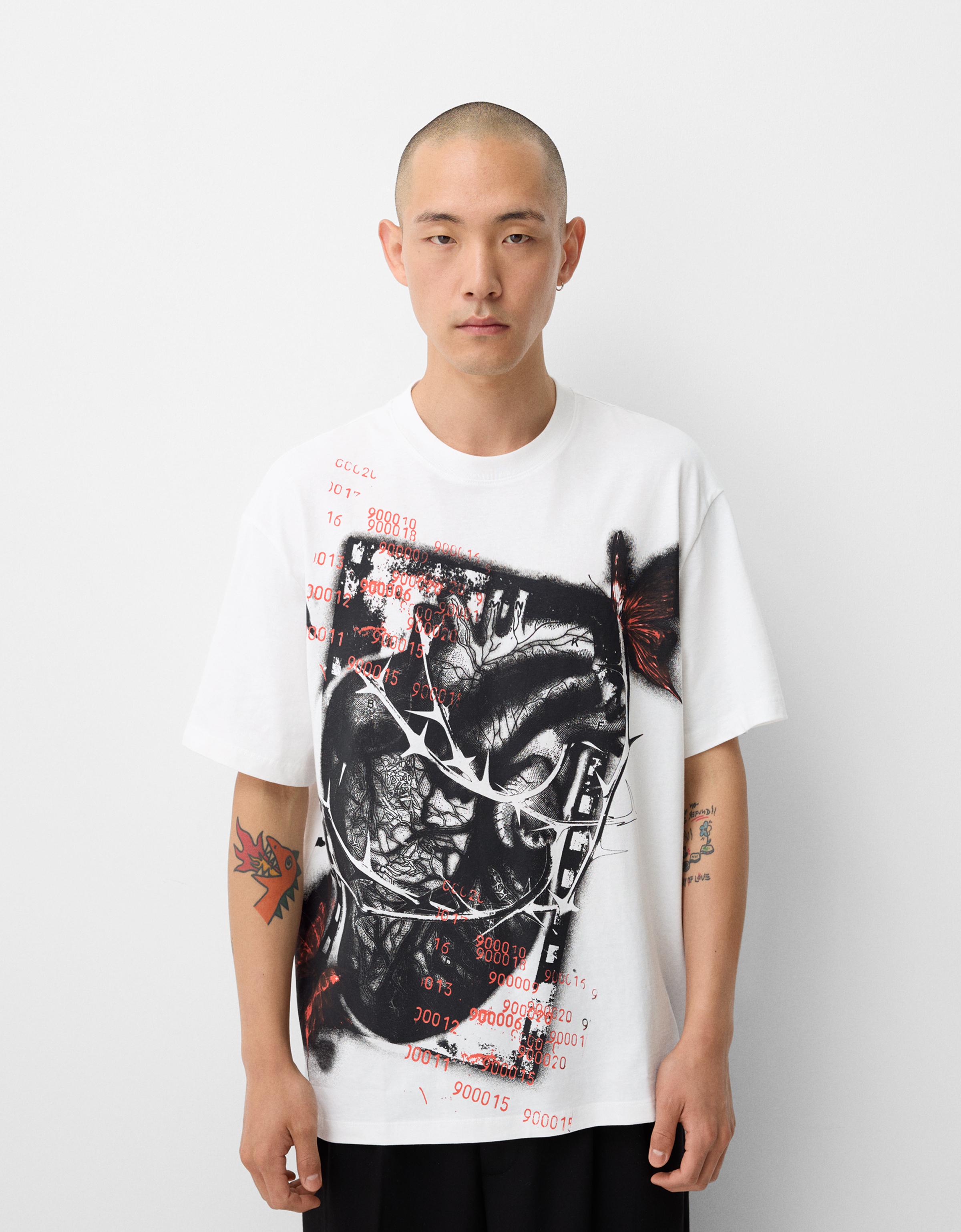 Bershka T-Shirt Im Relaxed-Fit Mit Kurzen Ärmeln Und Print Herren Xxs Grbrochenes Weiss