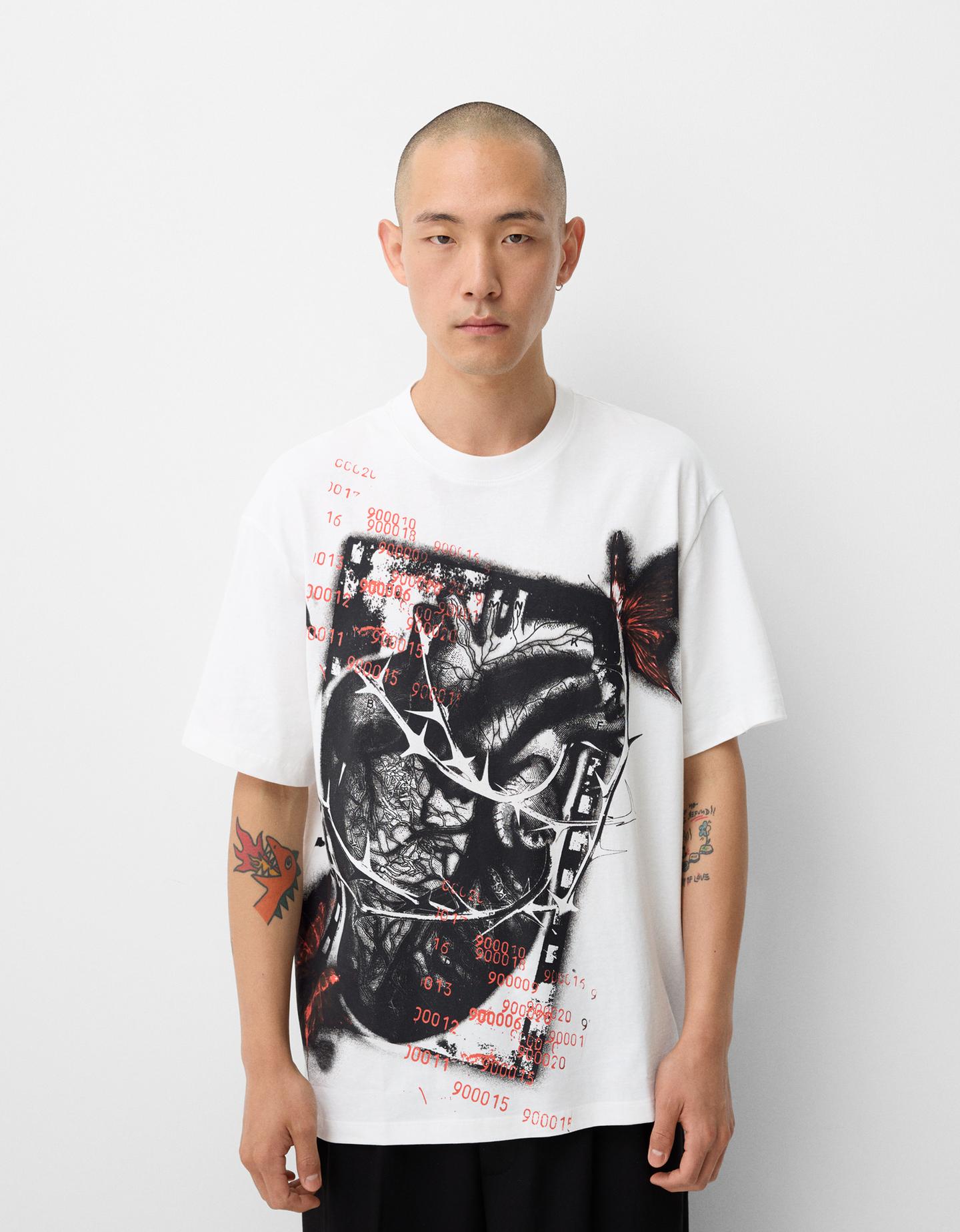 Bershka Camiseta Manga Corta Relaxed Print Hombre Xxs Blanco Roto