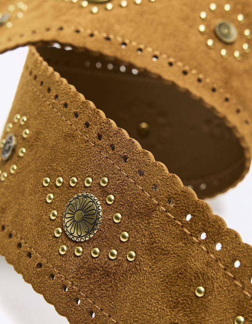 Studded faux suede belt-Sand