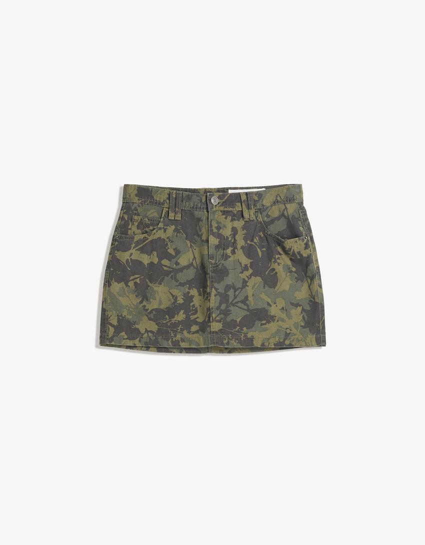 Print mini skirt-Khaki