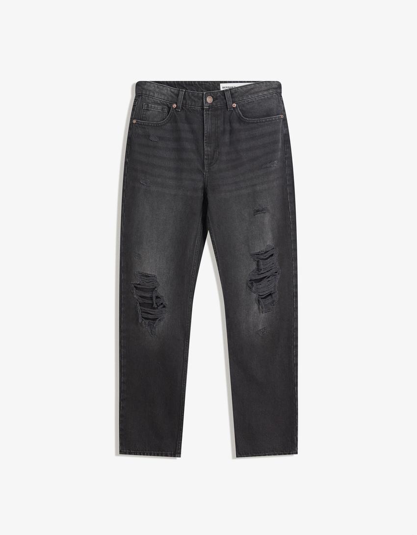 Blugi straight fit cropped rupți-Negru-3