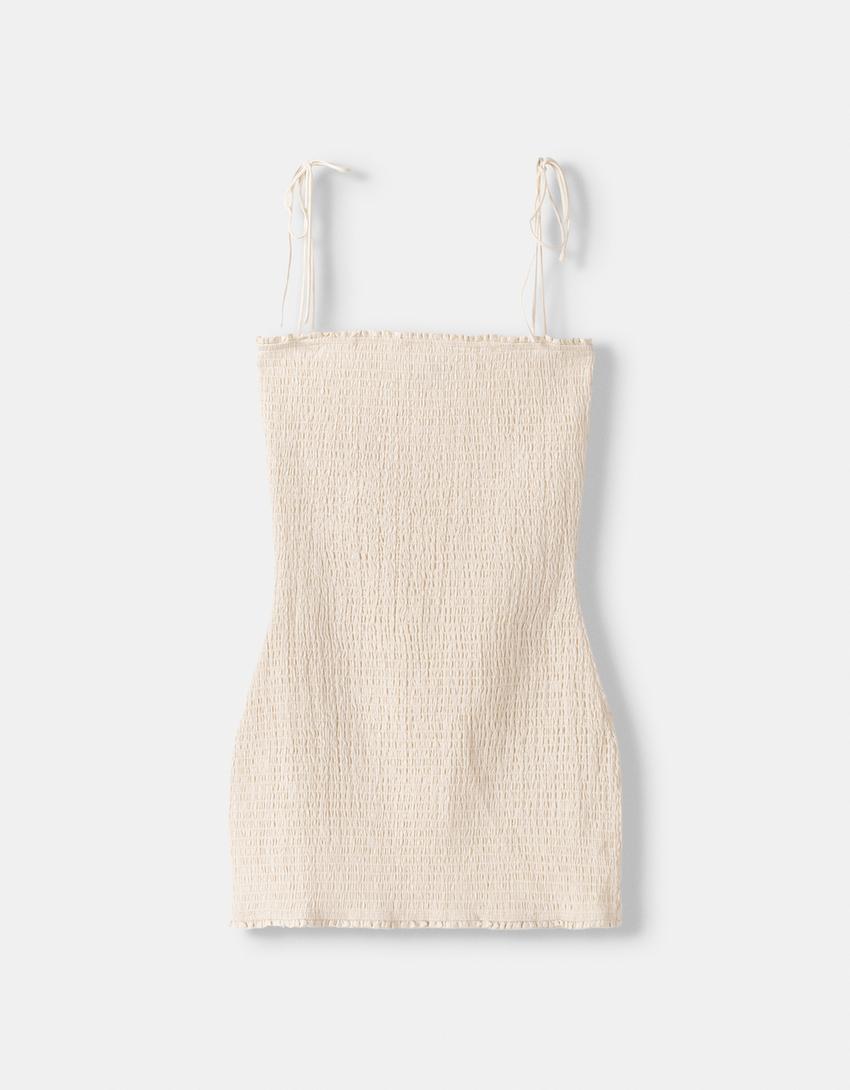 فستان قصير بمربعات خلية النحل-رملي-4