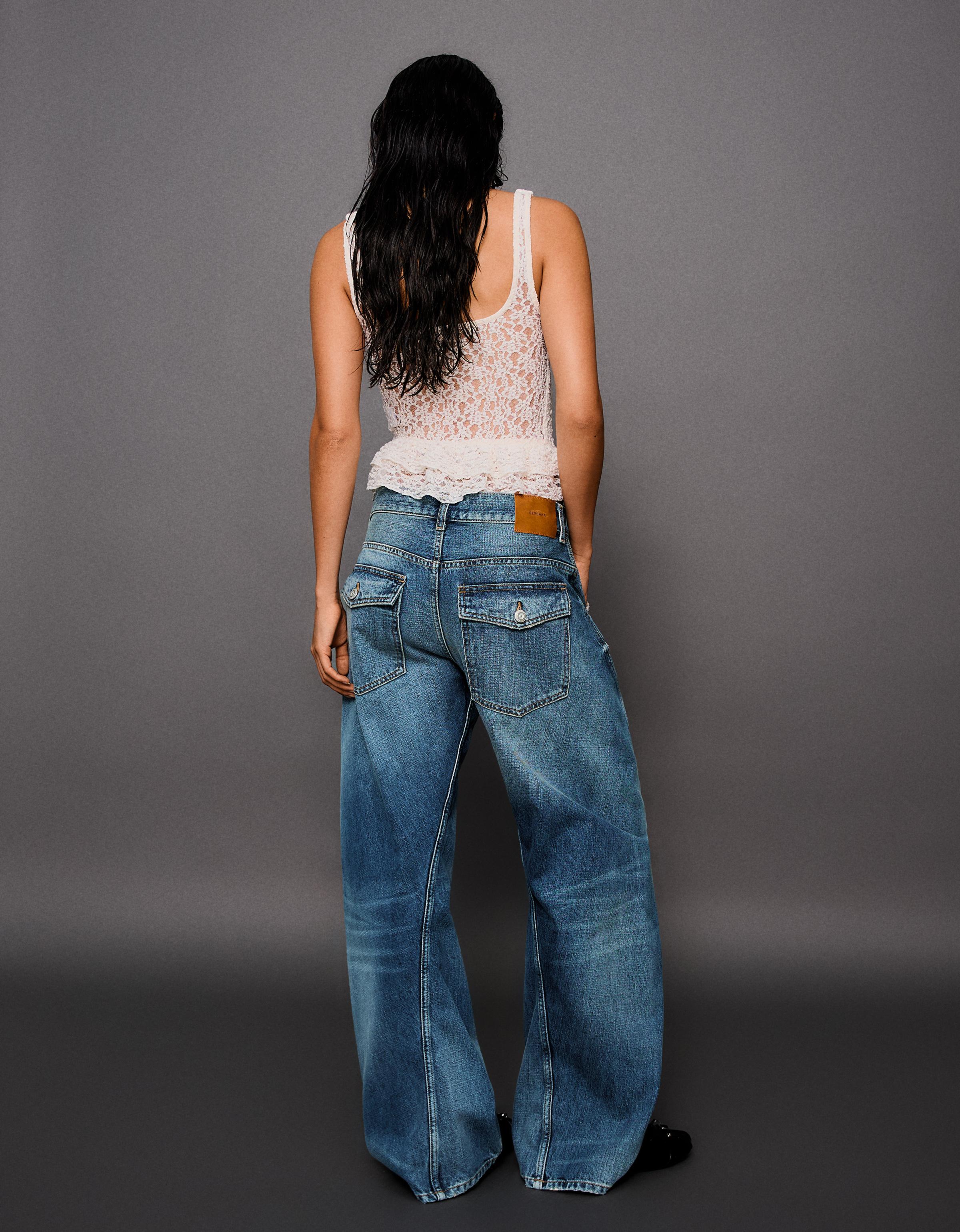 Bershka Jeans Barrel Tiro Bajo Mujer 32 Azul Lavado