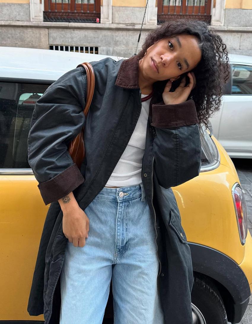 Manteau effet enduit col contrastant-Kaki