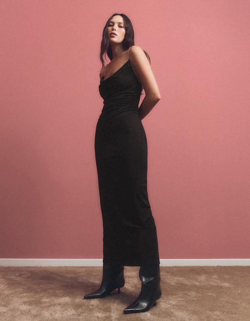 Chain strap draped midi dress-Black