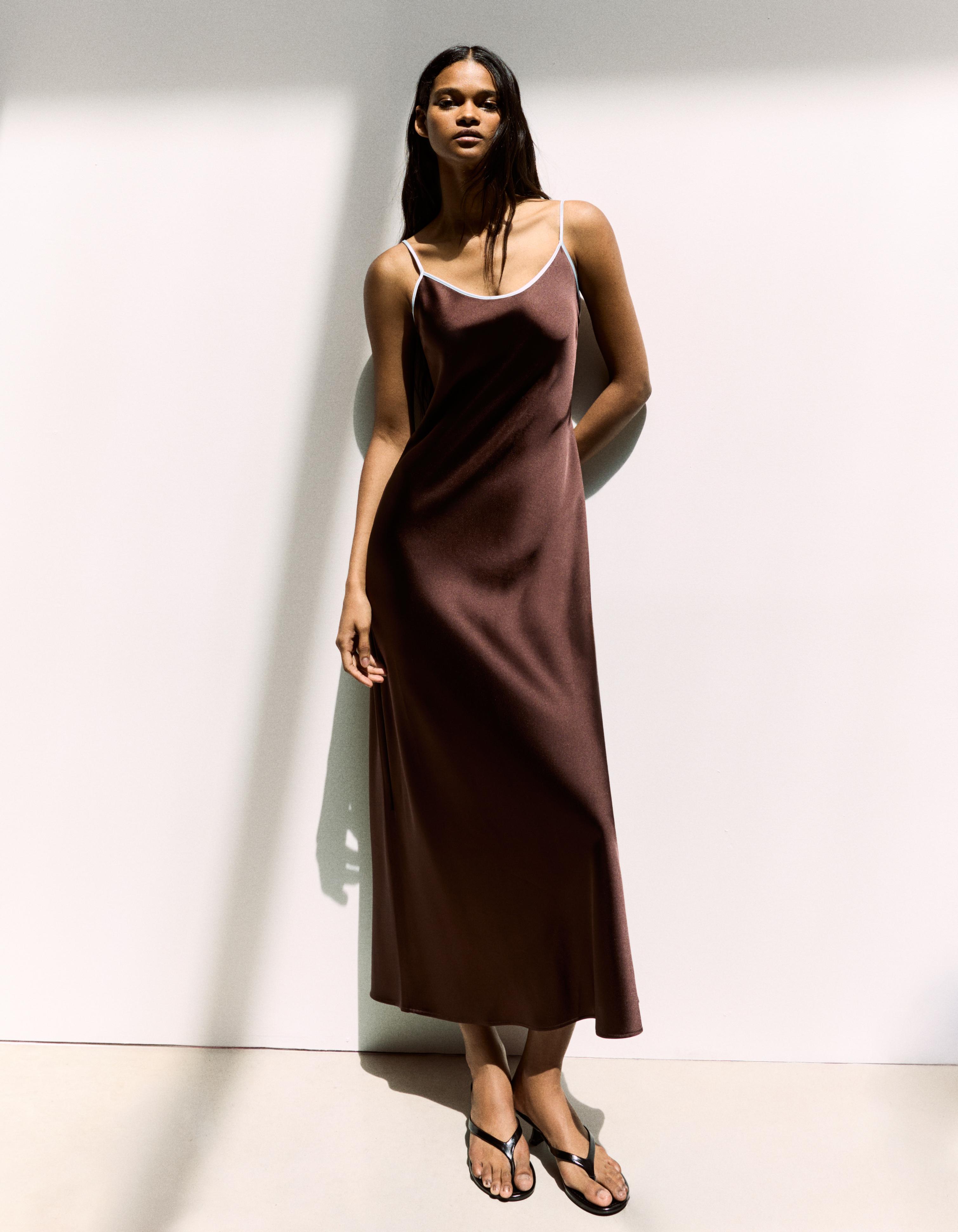 Bershka Vestido Midi Satén Tirantes Mujer Marrón