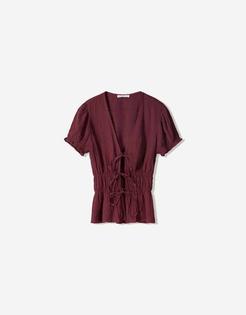 Chemise manches courtes froncée nœud-Grenat-3