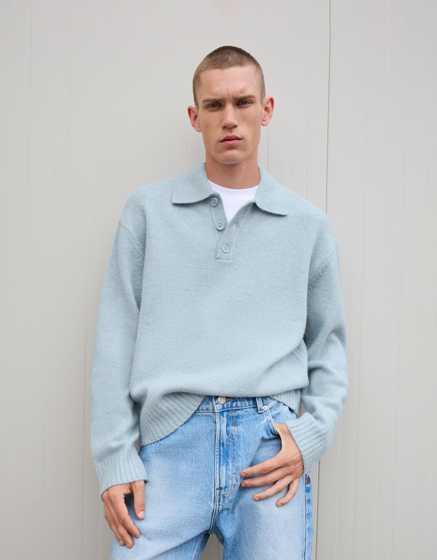 Pull col polo-Bleu clair-0