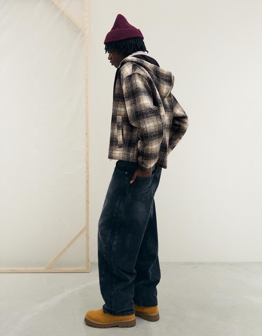 Куртка геометрического кроя в клетку с капюшоном-Черный