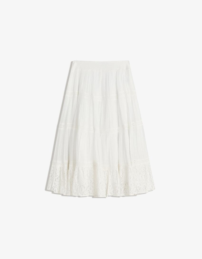 Voluminous lace midi skirt-Cream