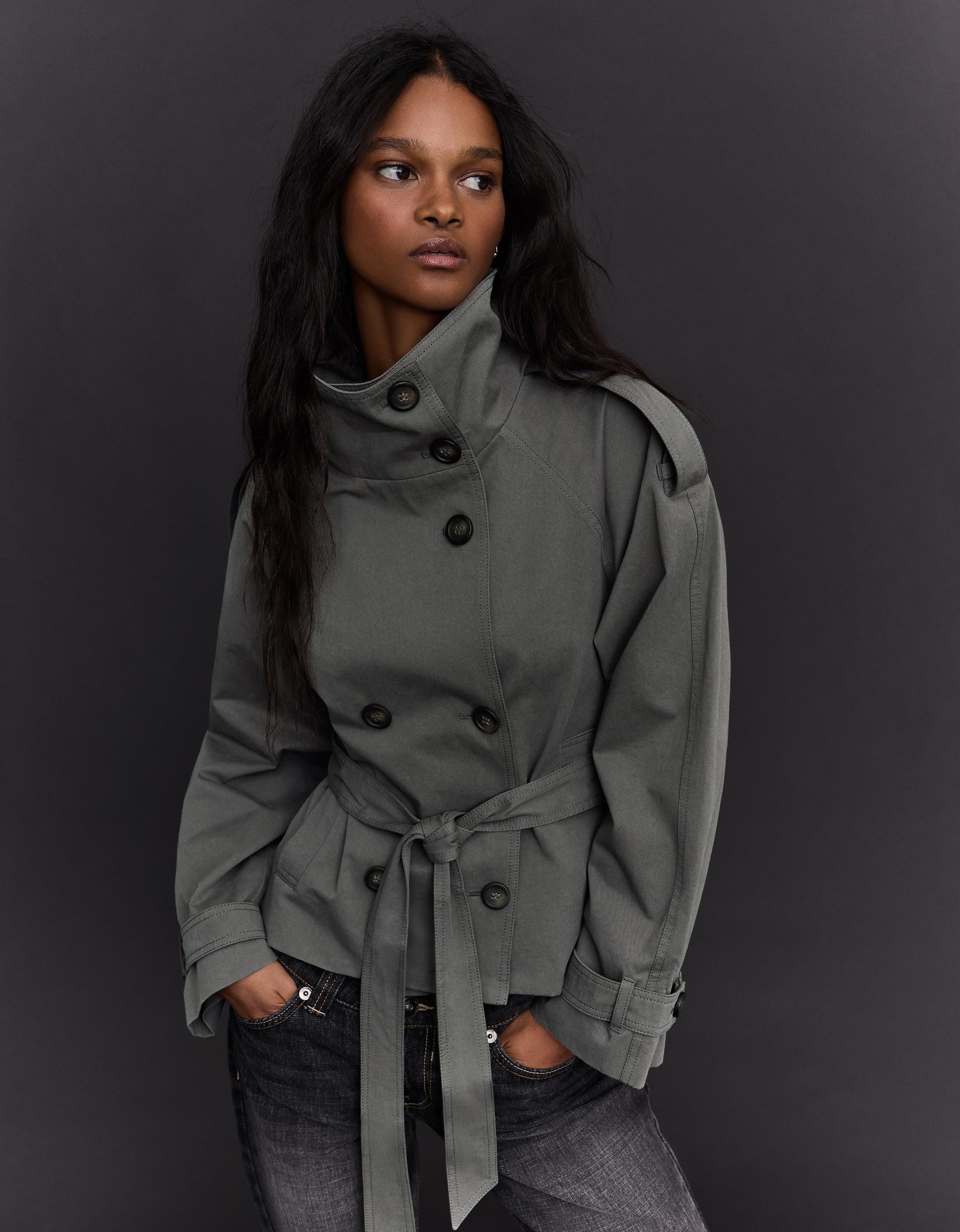 Bershka Trench-Jacke Mit Trichterkragen Damen M Dunkelgrau