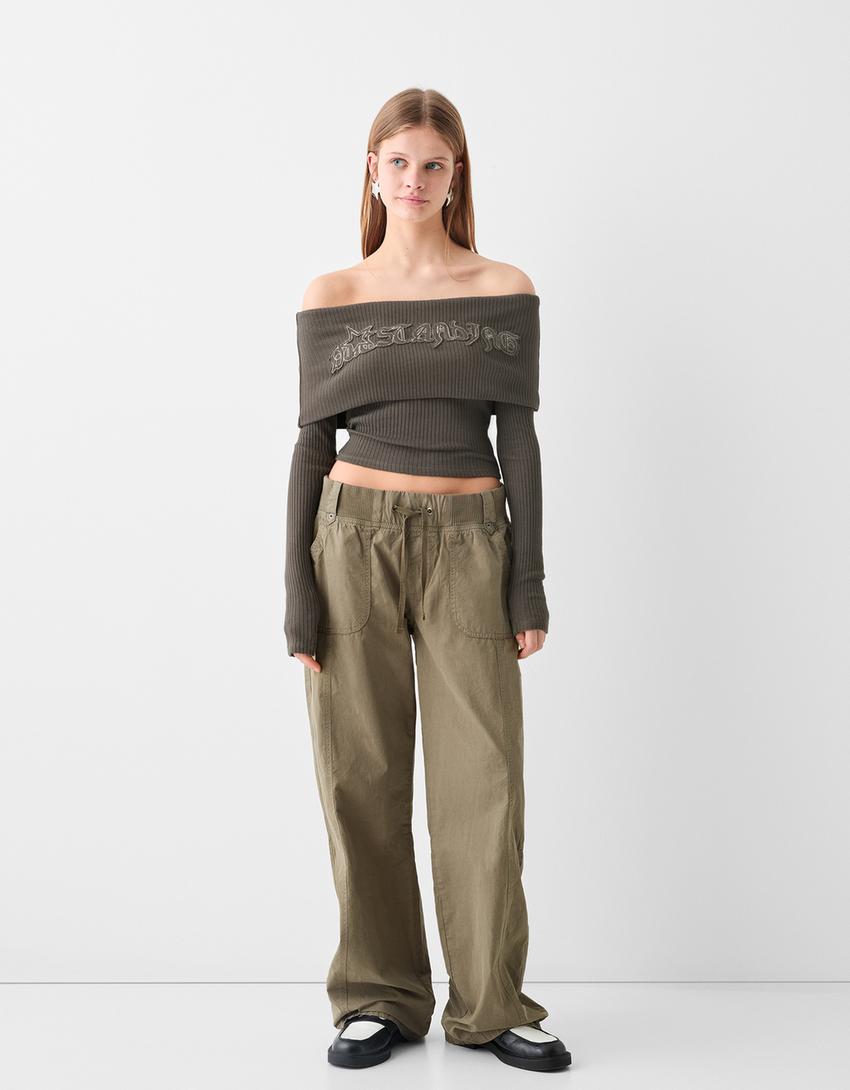 Embroidered long sleeve off-the-shoulder sweater-Dark grey