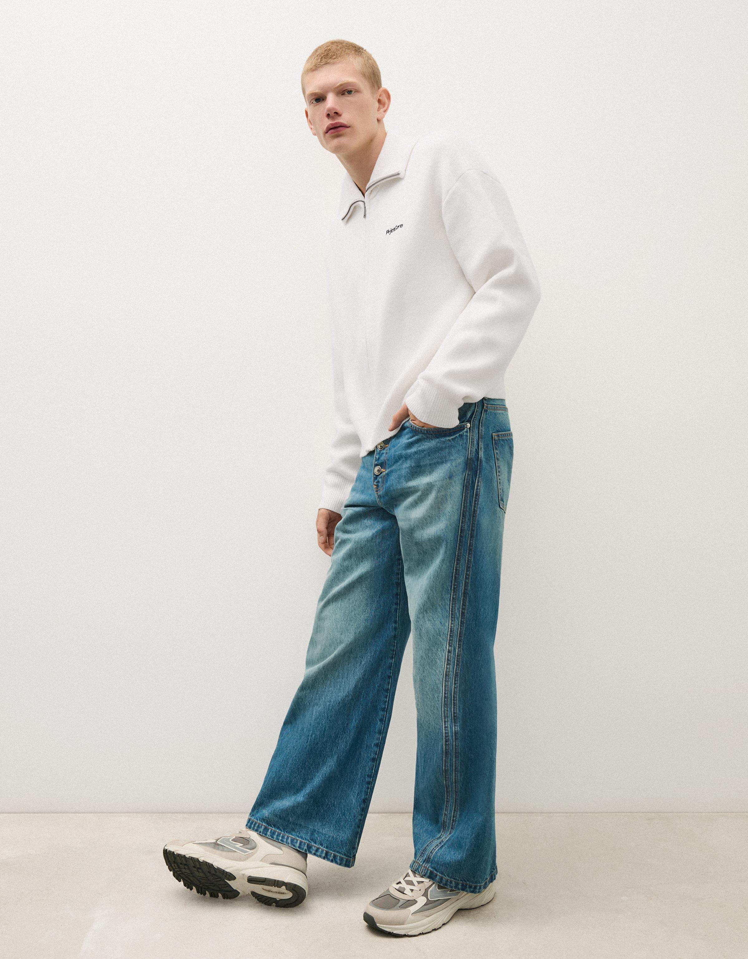 Bershka Chaqueta Punto Cremallera Boxy Hombre L Blanco Roto