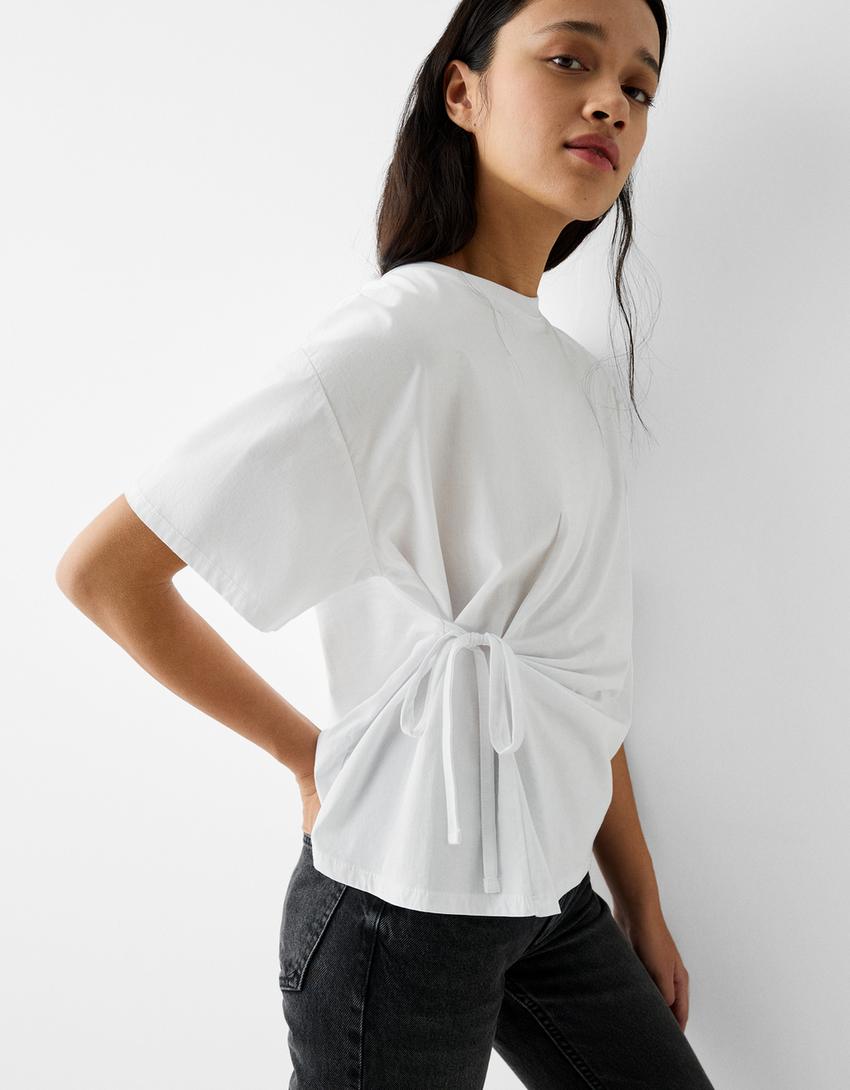 تيشرت فضفاض من نسيج مزدوج بأكمام قصيرة-أبيض-2