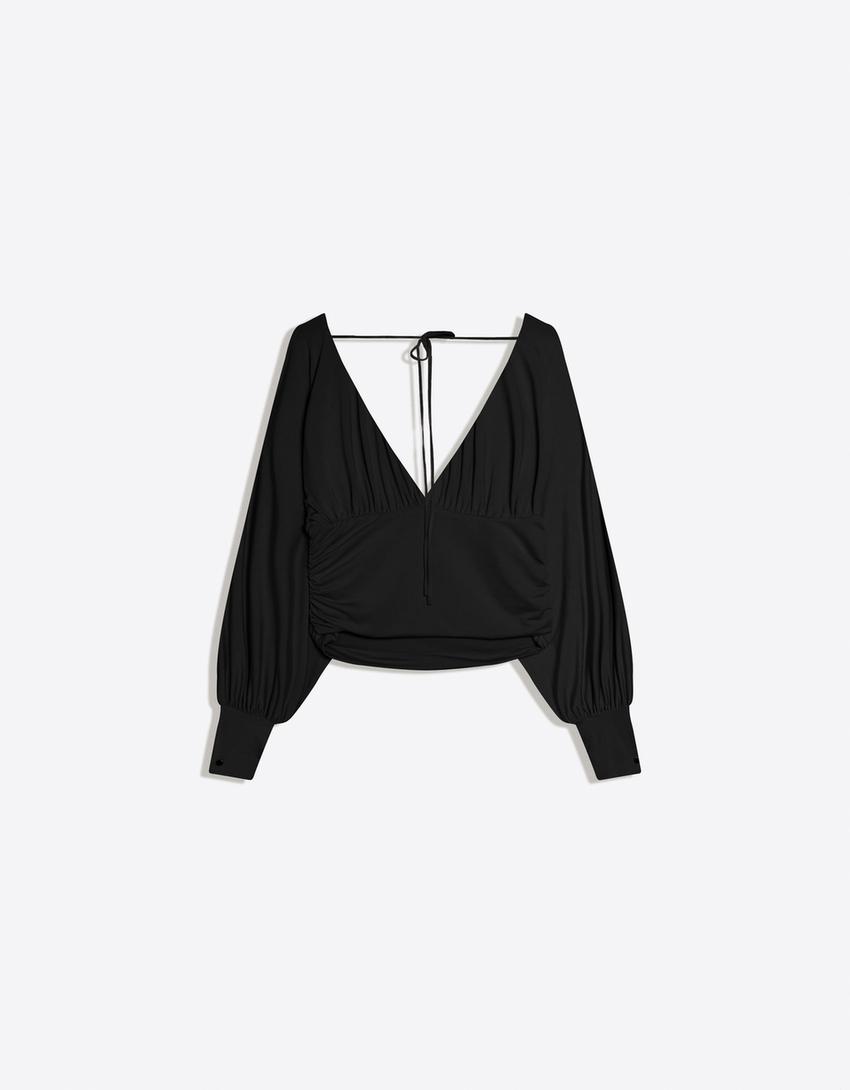 Uzun kollu büzgülü top-Siyah