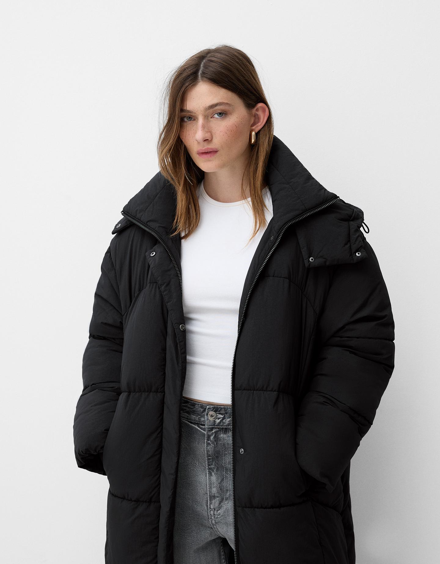 Bershka Abrigo Puffy Largo Mujer L Negro