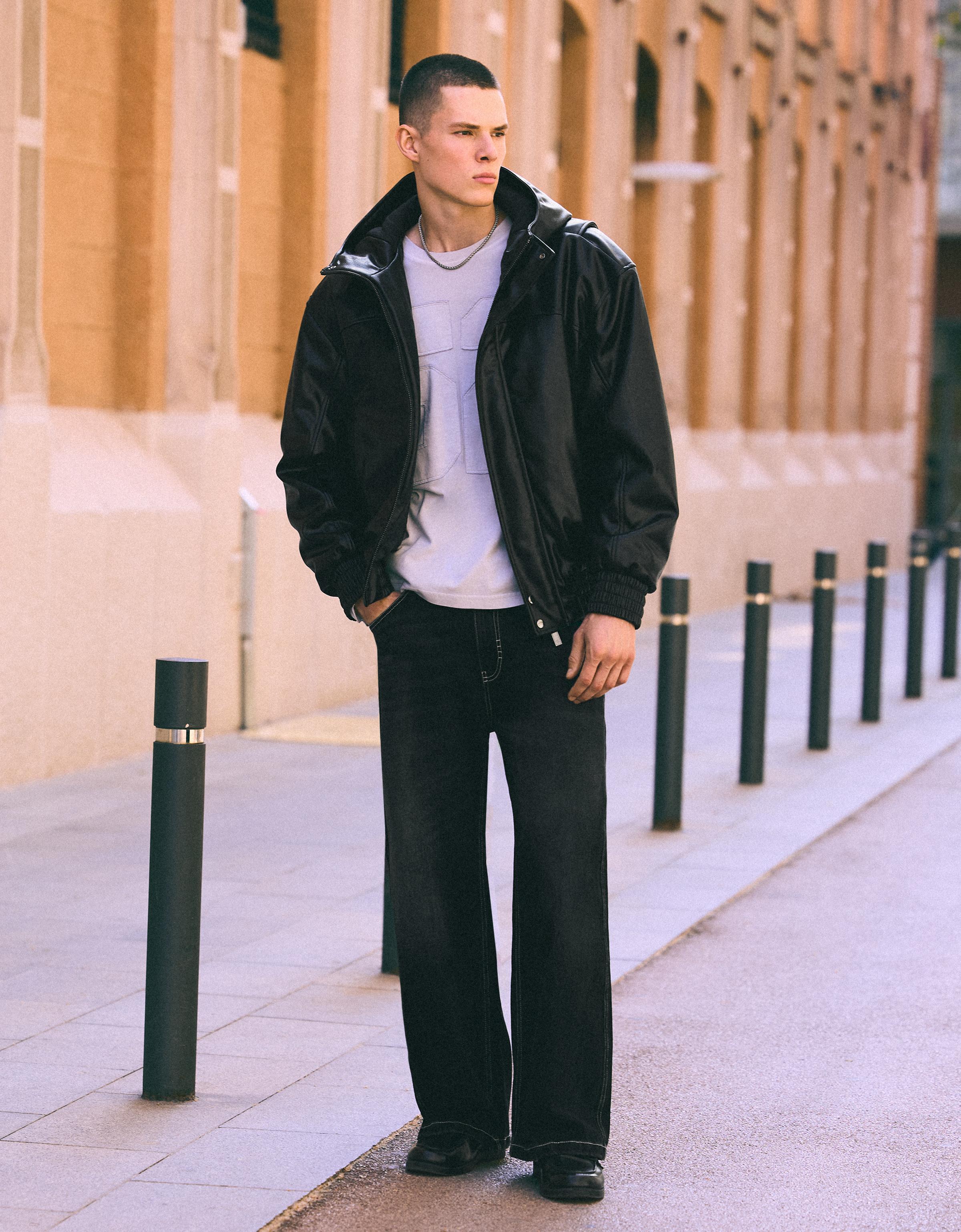 Hooded leather effect jacket — Black