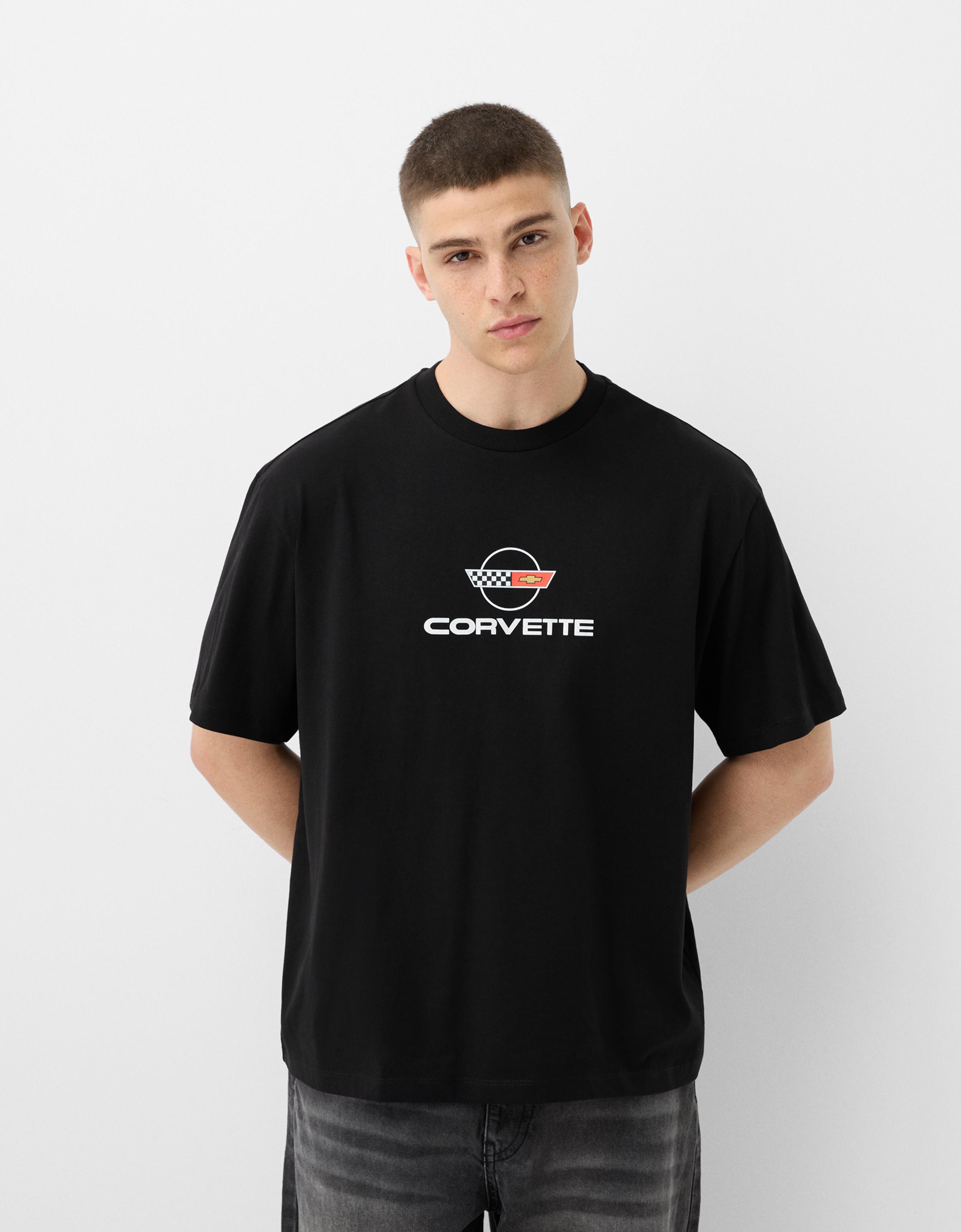 Bershka T-Shirt Corvette Im Relaxed-Fit Mit Kurzen Ärmeln Herren Xl Schwarz