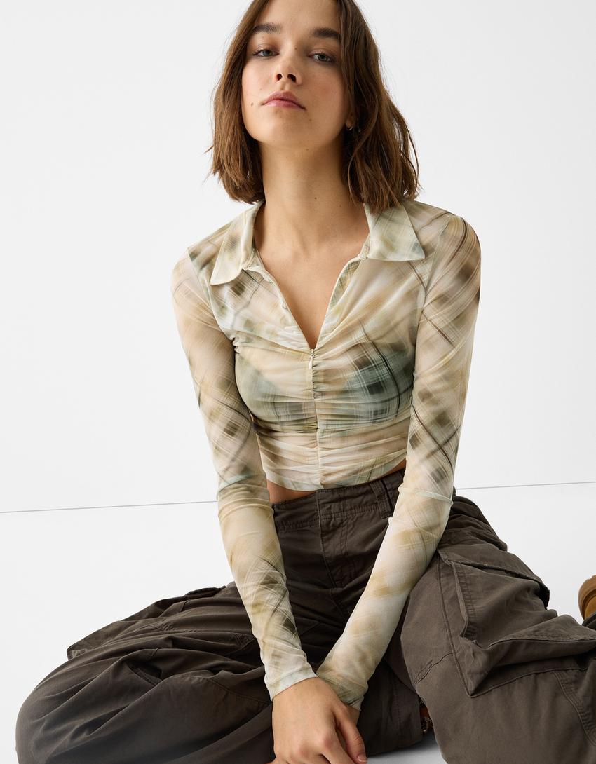 Büzgülü gömlek yaka uzun kollu tül t-shirt-Krem-2