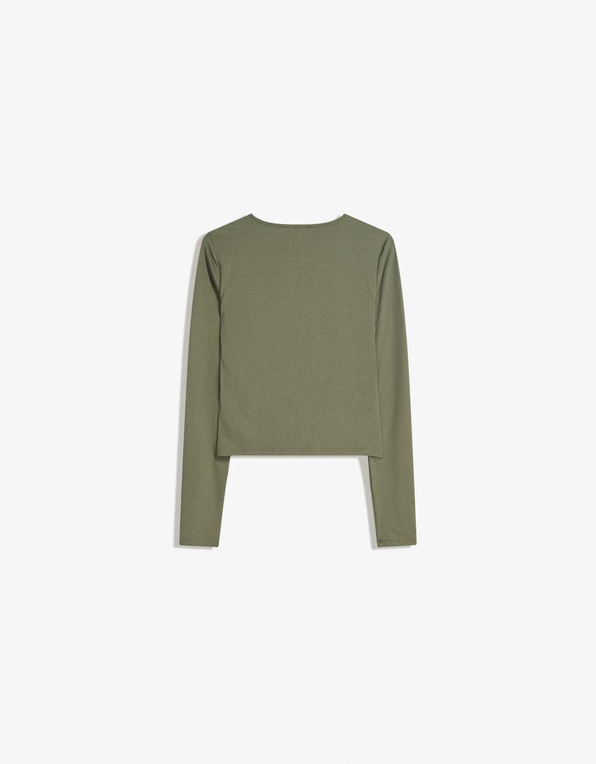 T-shirt met lange mouwen en knopen-Kaki