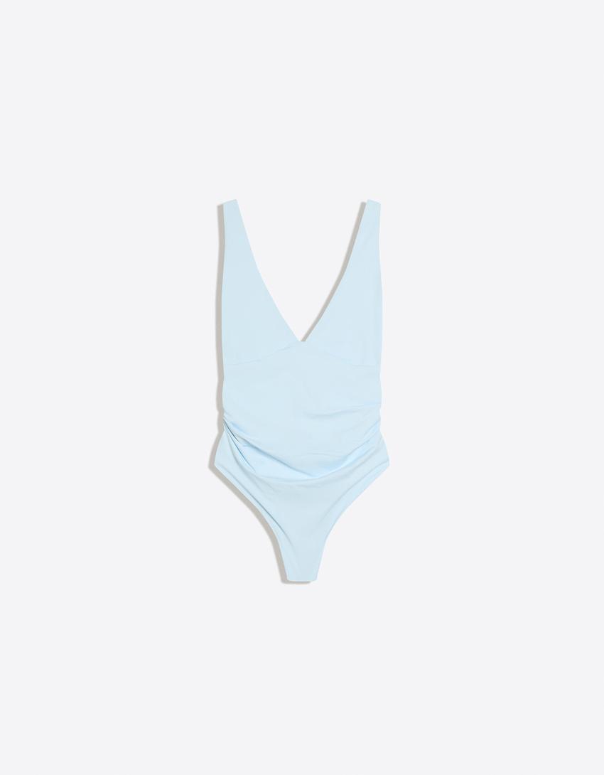 Strappy shirred bodysuit-Light blue