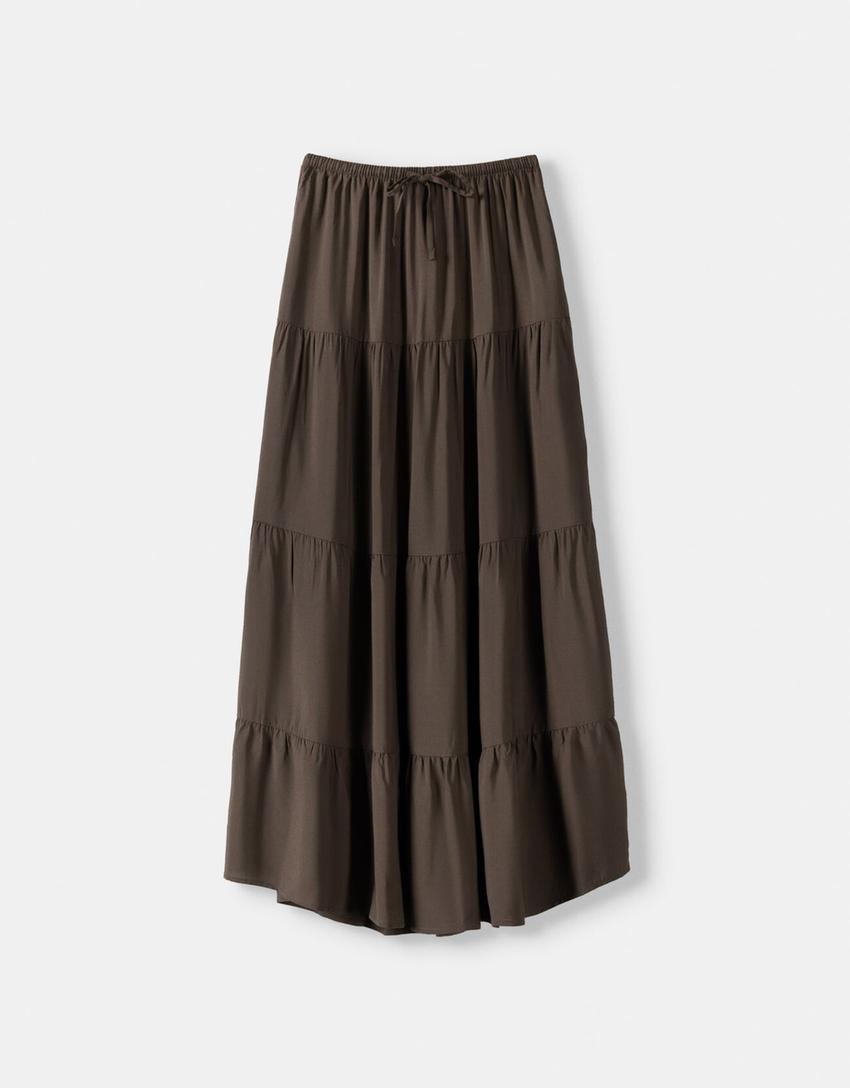 Vestido midi com elástico na cintura-Marrom-4