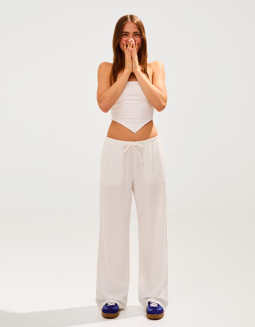 Elastik belli keten straight fit pantolon-Kirli beyaz-2