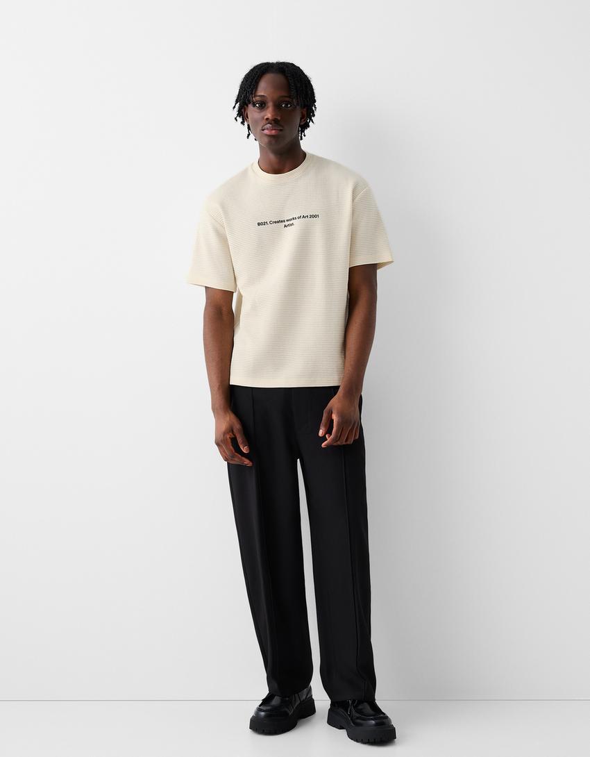 T-shirt manches courtes boxy fit gaufré imprimé-Écru-3