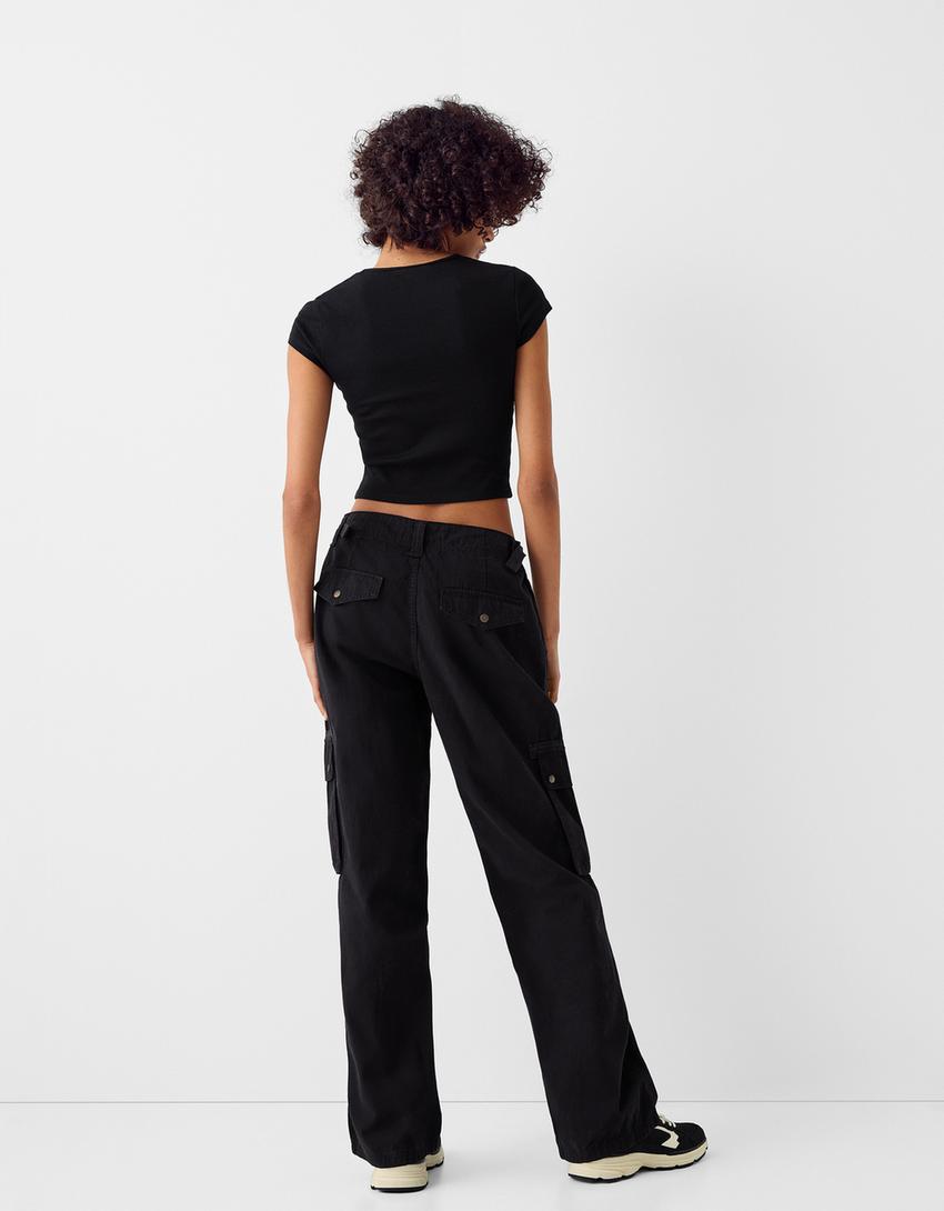 Adjustable straight-leg cotton cargo trousers-Black-2