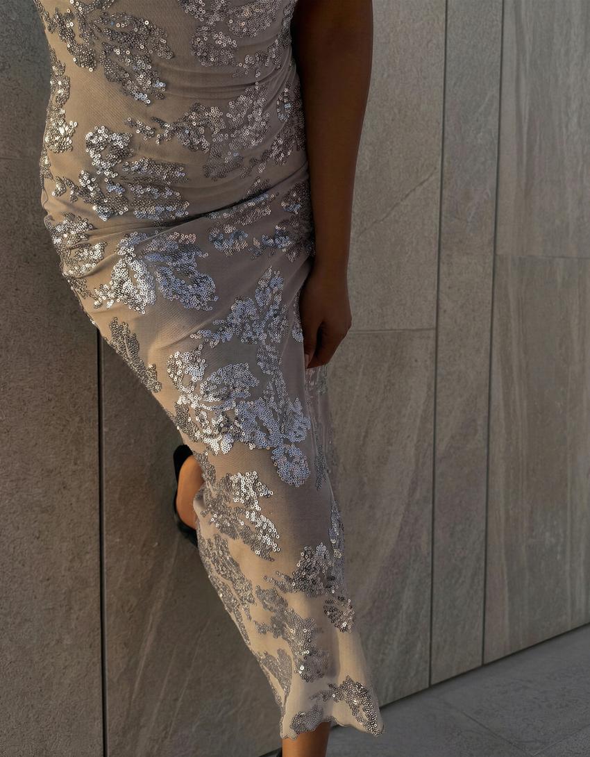 فستان ميدي ملتف بترتر-رمادي