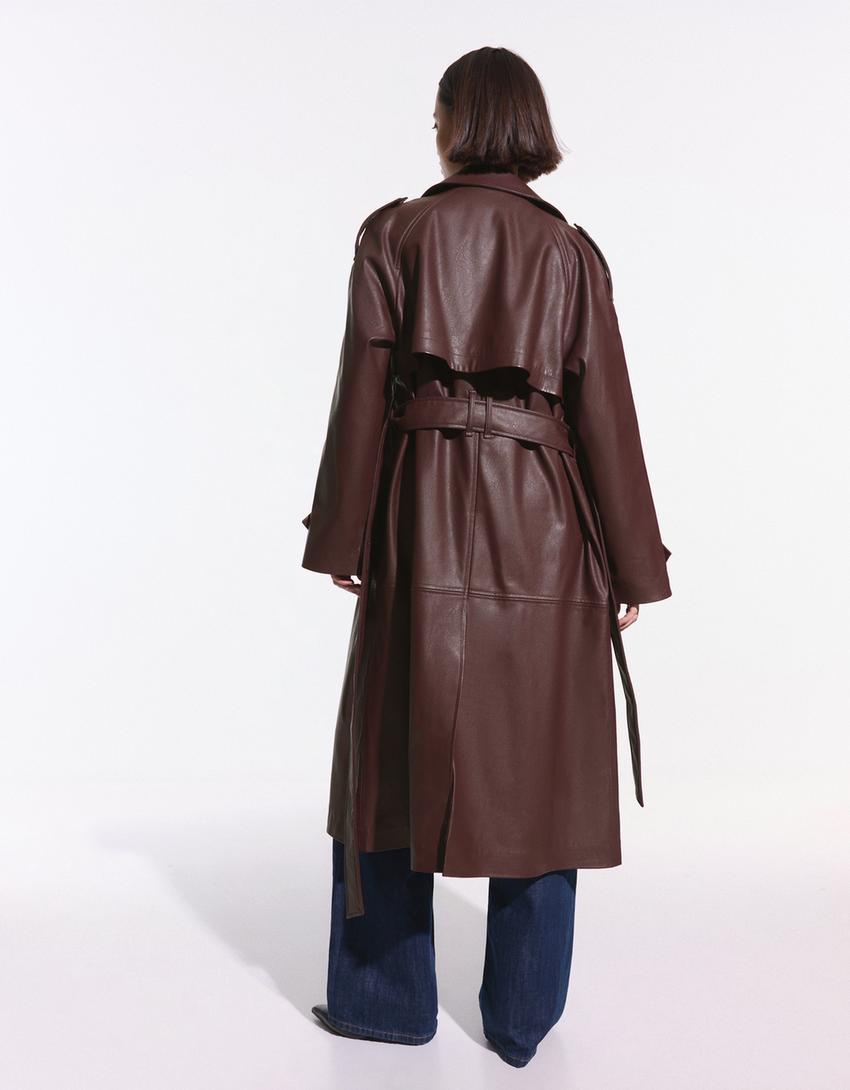 Faux leather trench coat-Maroon