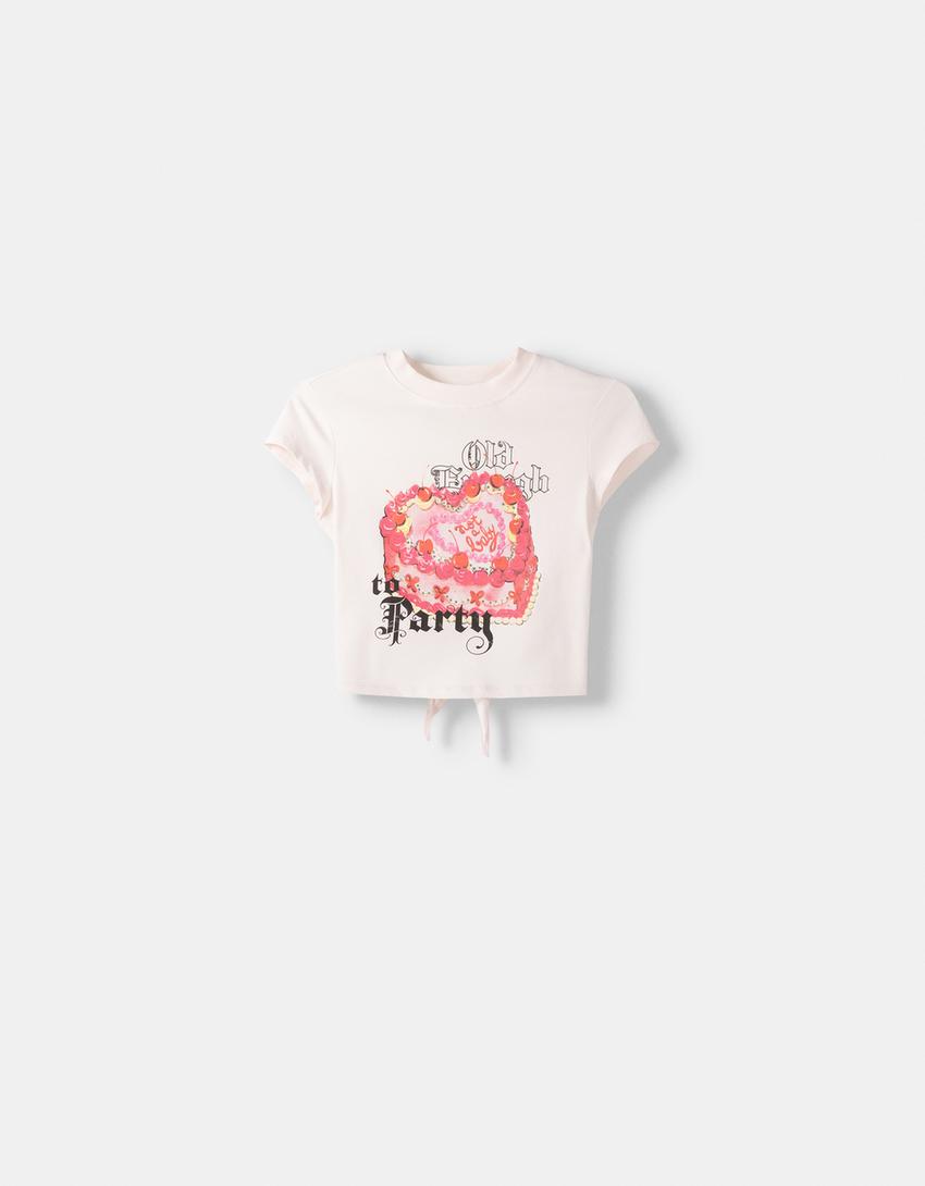 T-shirt manches courtes dos nu imprimé-Rose-4