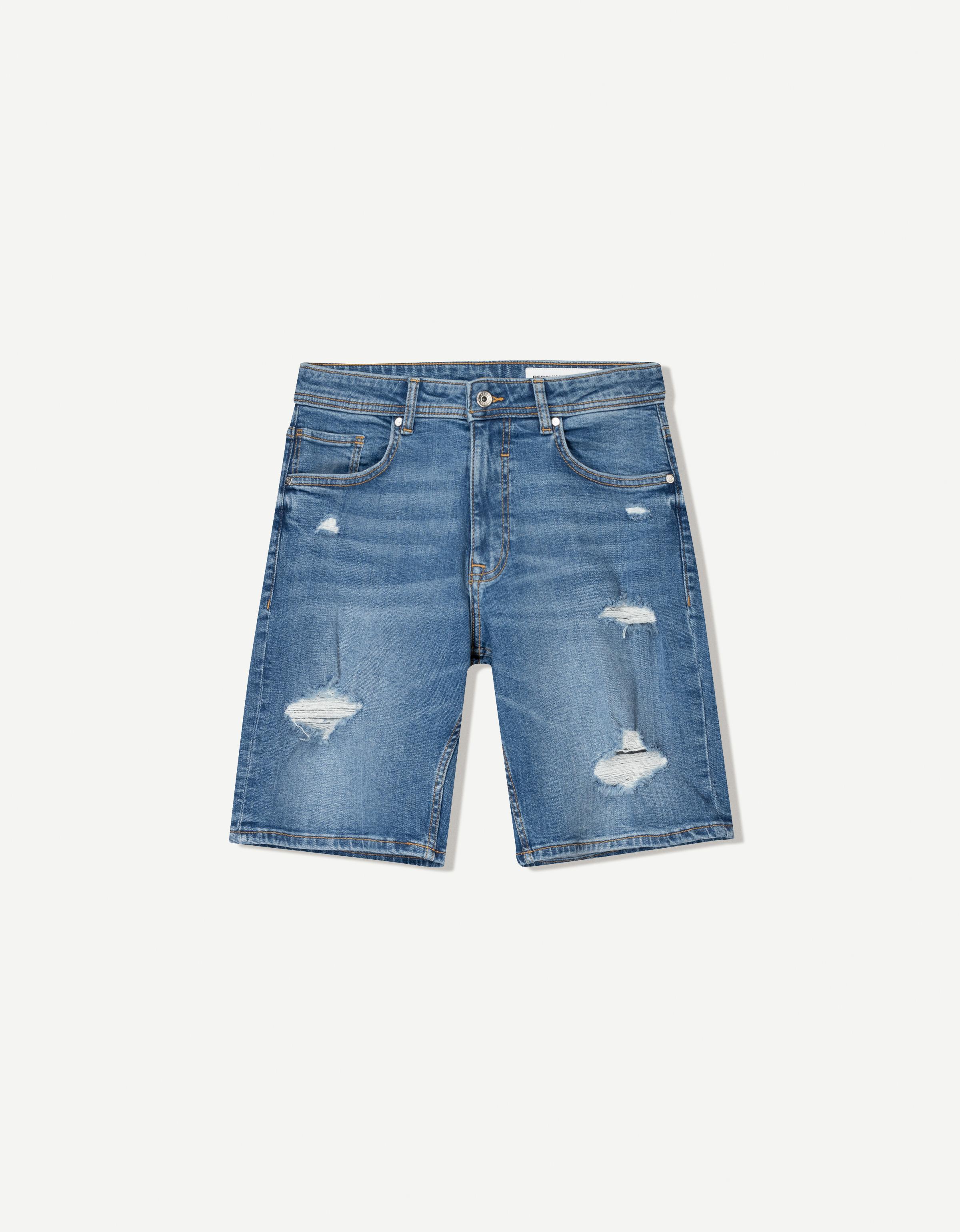 Bershka Jeans-Bermudashorts Mit Rissen Herren 38 Ausgewaschenes Blau