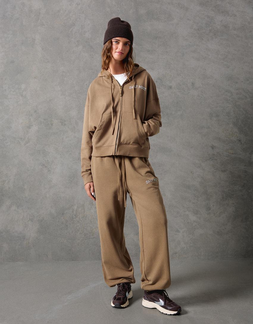 Hanorac fermoar glugă broderie-Camel