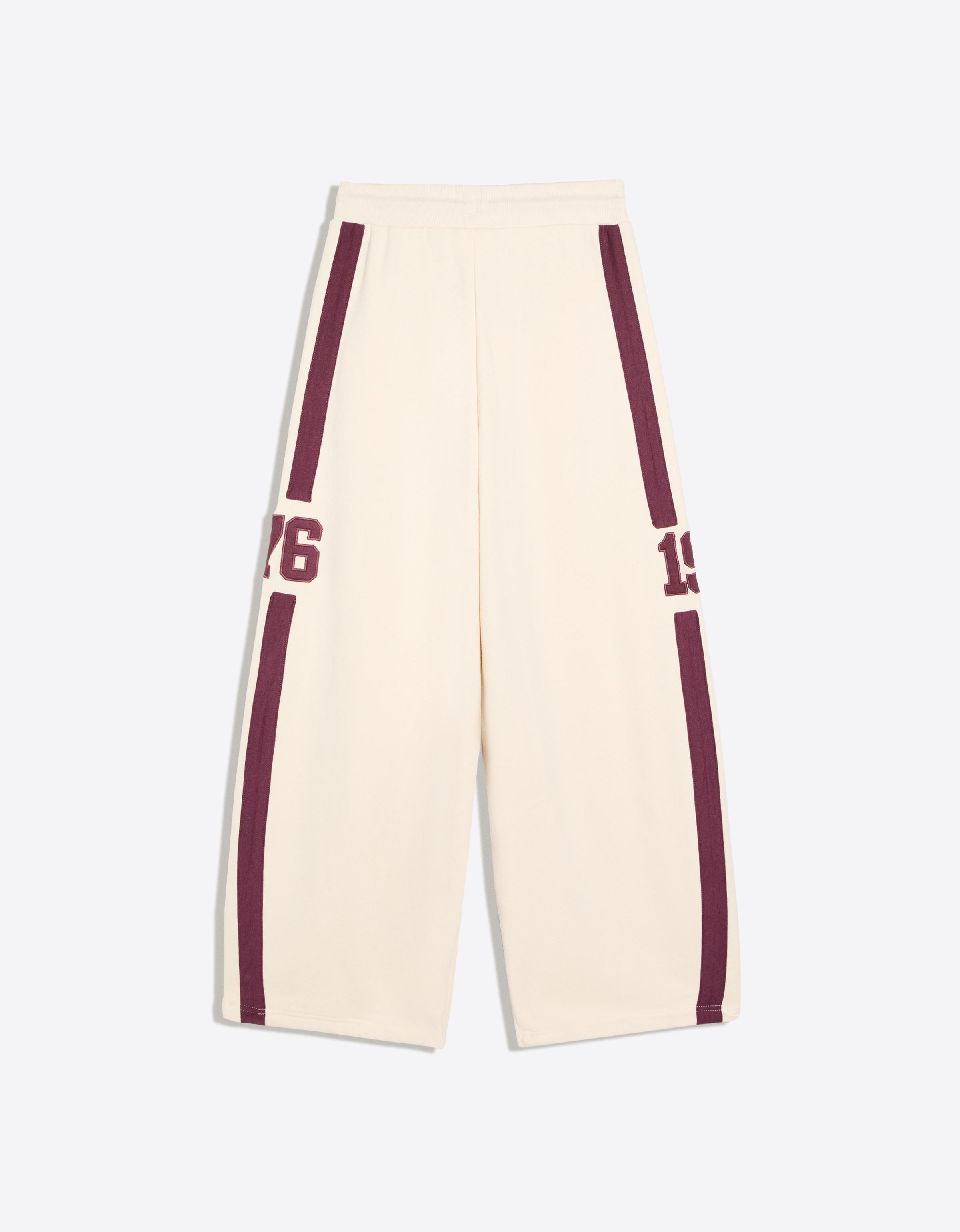 Embroidered wide-leg plush trousers — Cream