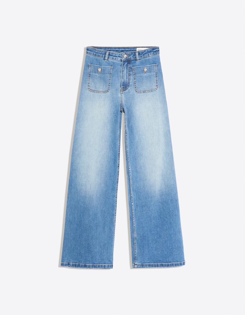 Wide-leg jeans with button detail-Light blue