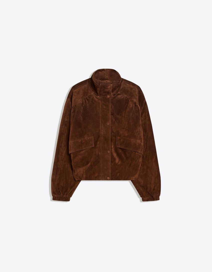 Leather jacket with pockets-Brown