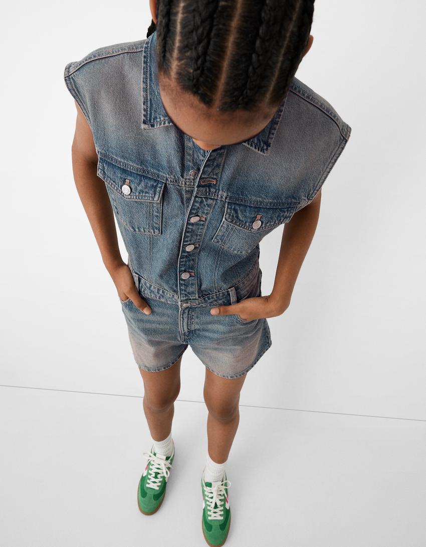 Macacão de ganga curto-Azul lavado-3