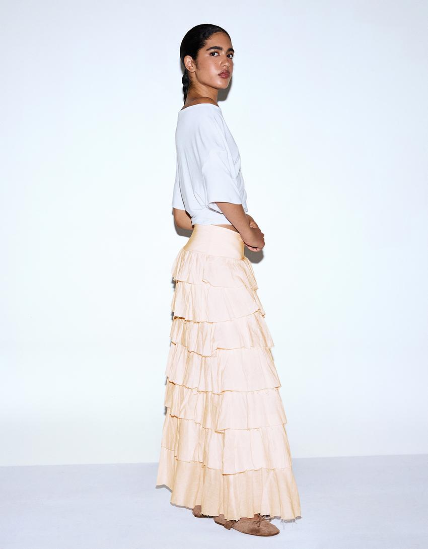 Saia midi rústica com babados-Rosa