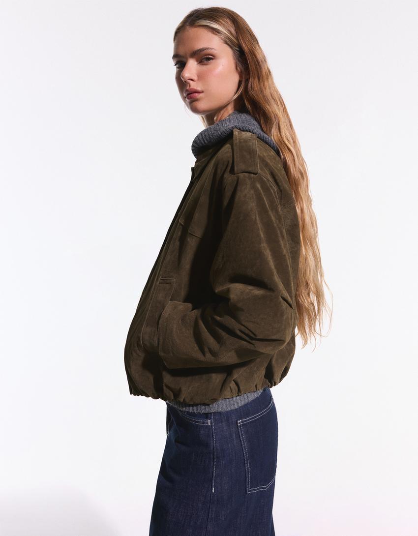 Zamszowa kurtka skórzana-Khaki