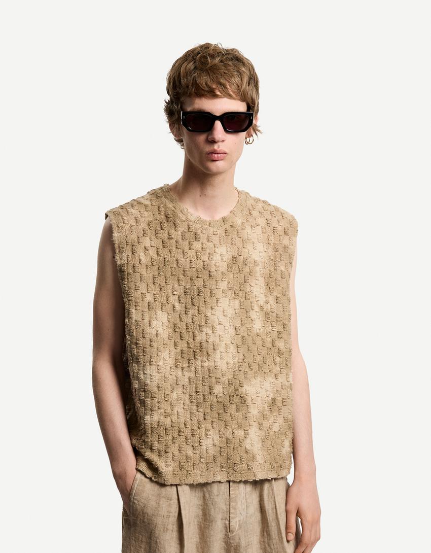 Faded effect textured vest-Beige-0