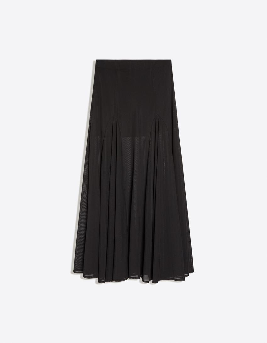 Polka dot mesh midi skirt-Black