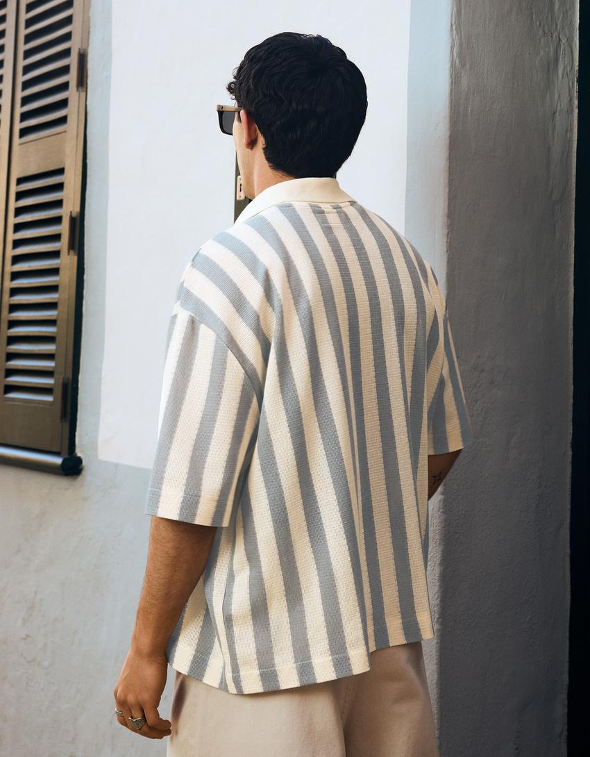 Short sleeve stripe patch shirt-Light blue