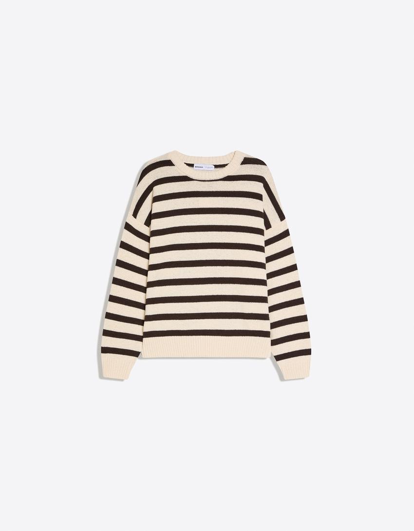 Crew neck striped sweater-Cream